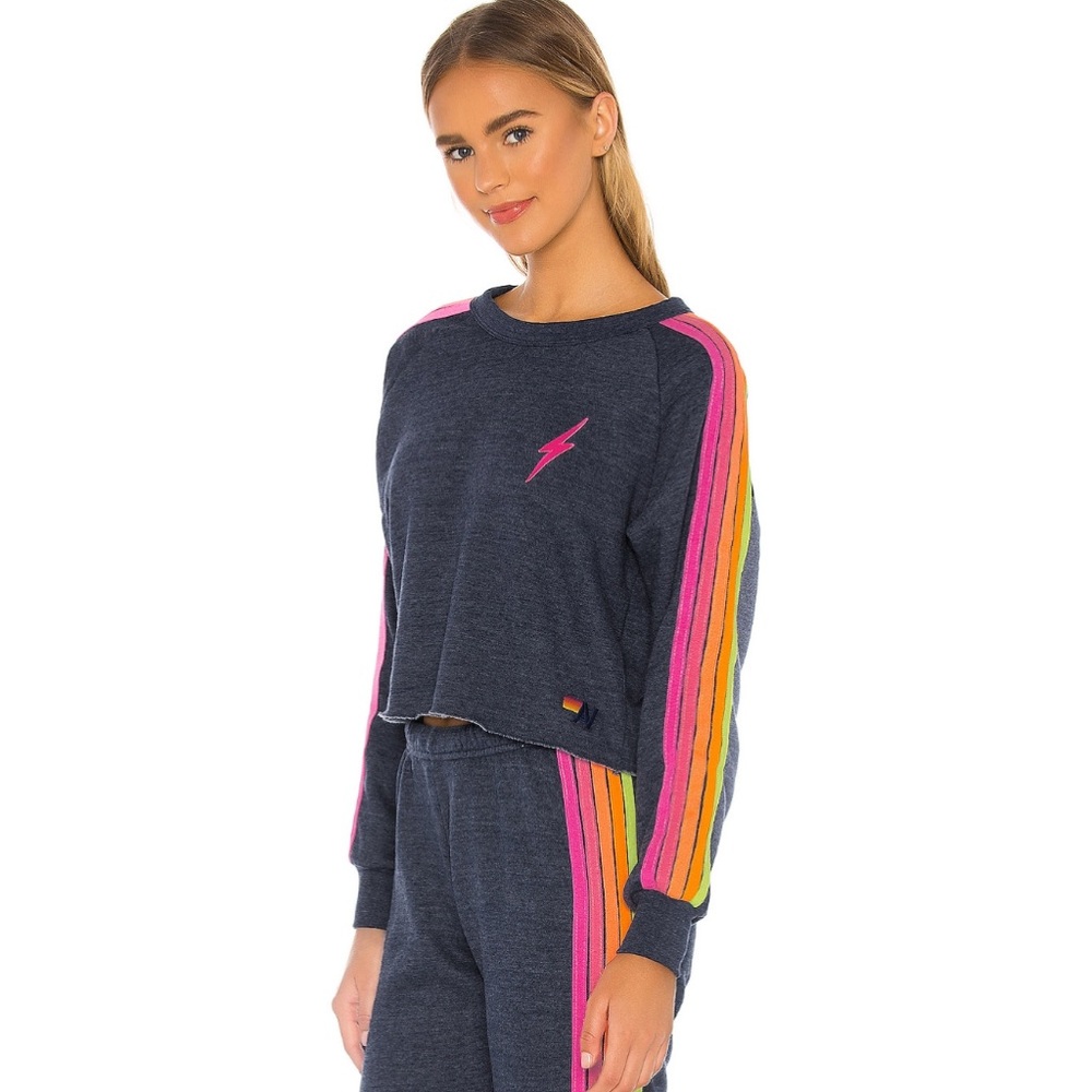 Aviator Nation Bolt Cropped Classic Crewneck in Heather Navy